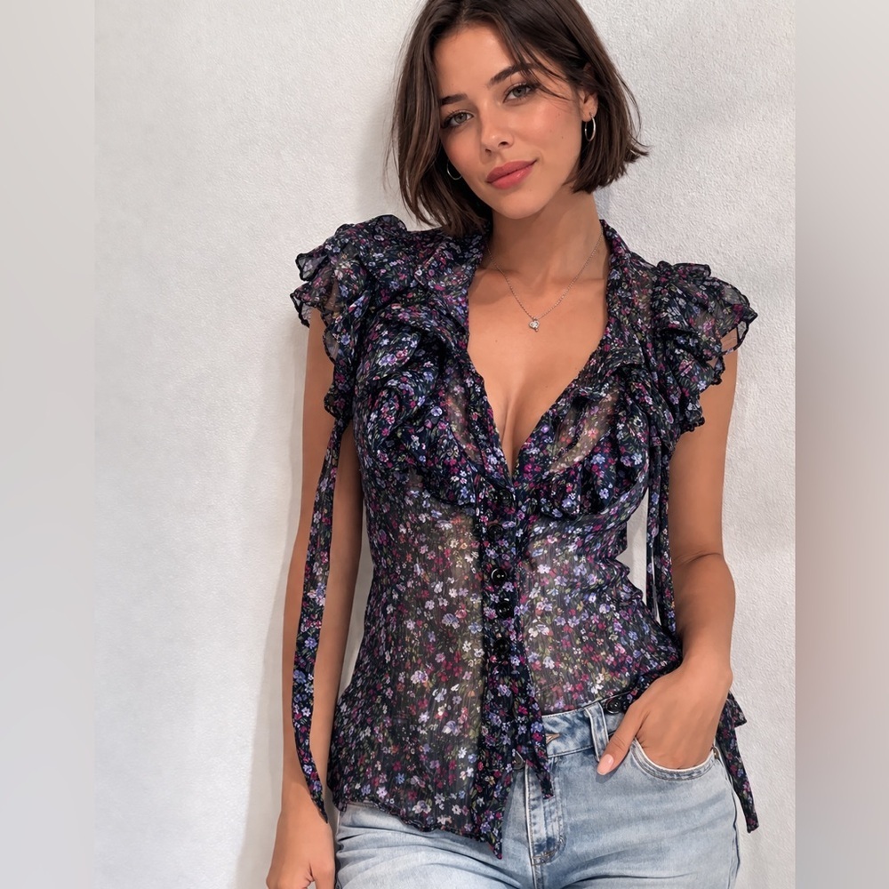 Wet Seal Y2K sheer floral blouse ruffled V-neckline, bow tie flutter ruffle XS
